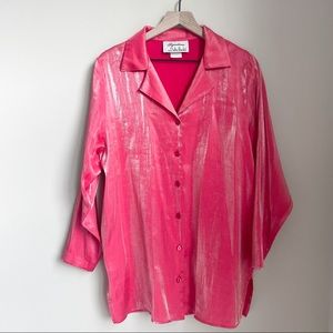 Vintage Metallic Pink Shiny Button Down Shirt Size 1X